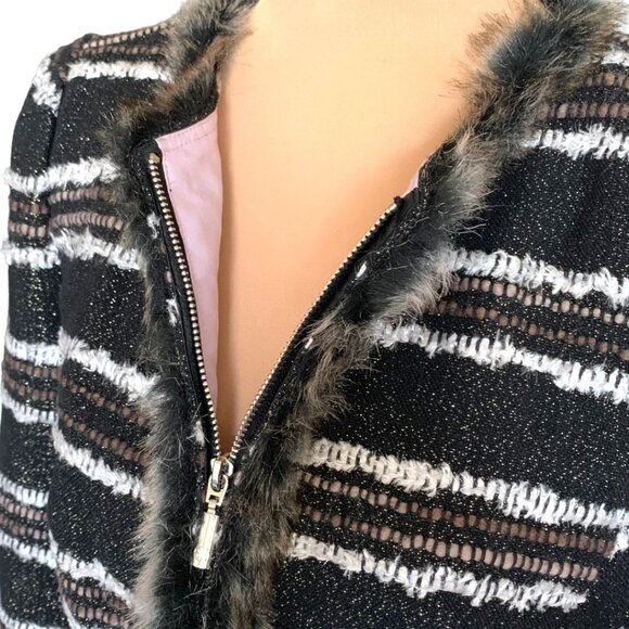 NWT Stella & Jamie Fur Trim Tweed Blazer Sz L Black White Striped Career Office - Picture 8 of 15